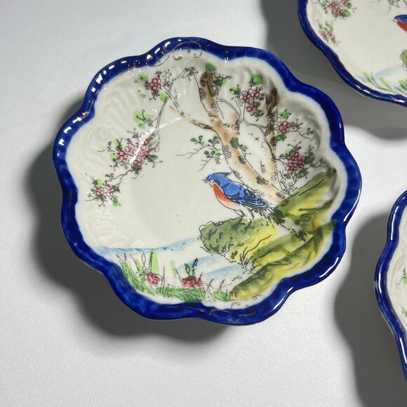 Vintage 20s Set 4 Seto Japanese Cobalt Blue Handpainted Bird Porcelain Dishes - Picture 2 of 11